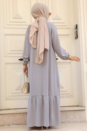 Neva Style - Fırfır Detaylı Gri Tesettür Elbise 7681GR - 3