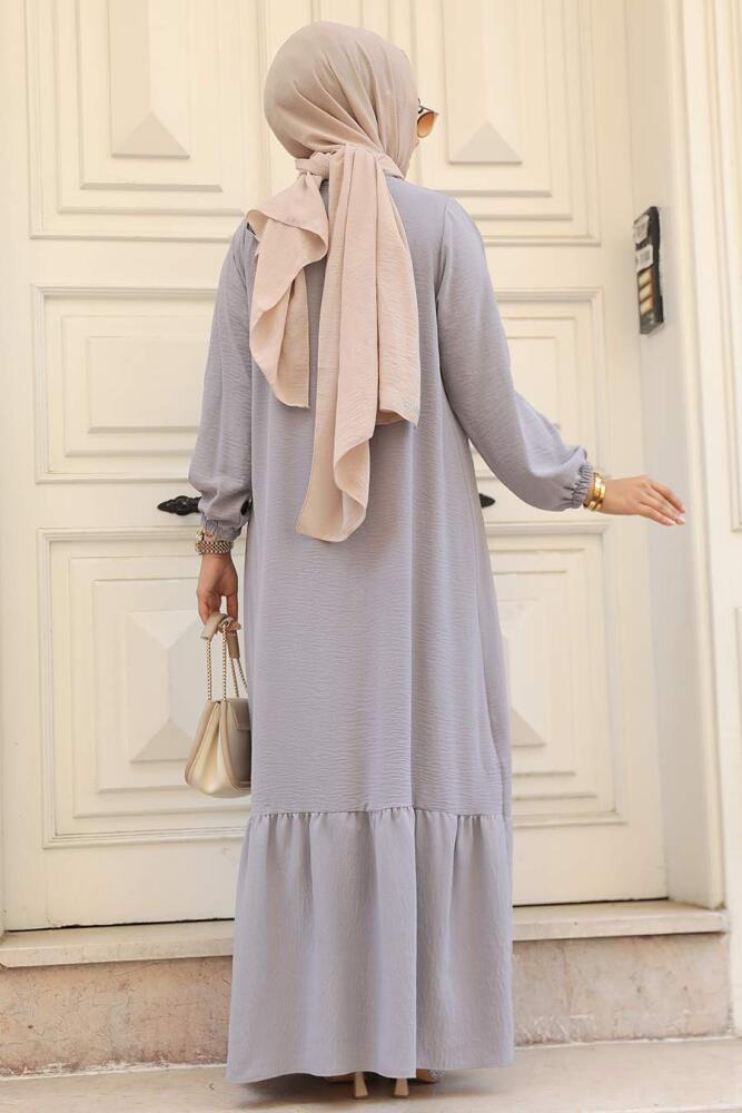 Neva Style - Fırfır Detaylı Gri Tesettür Elbise 7681GR - 3