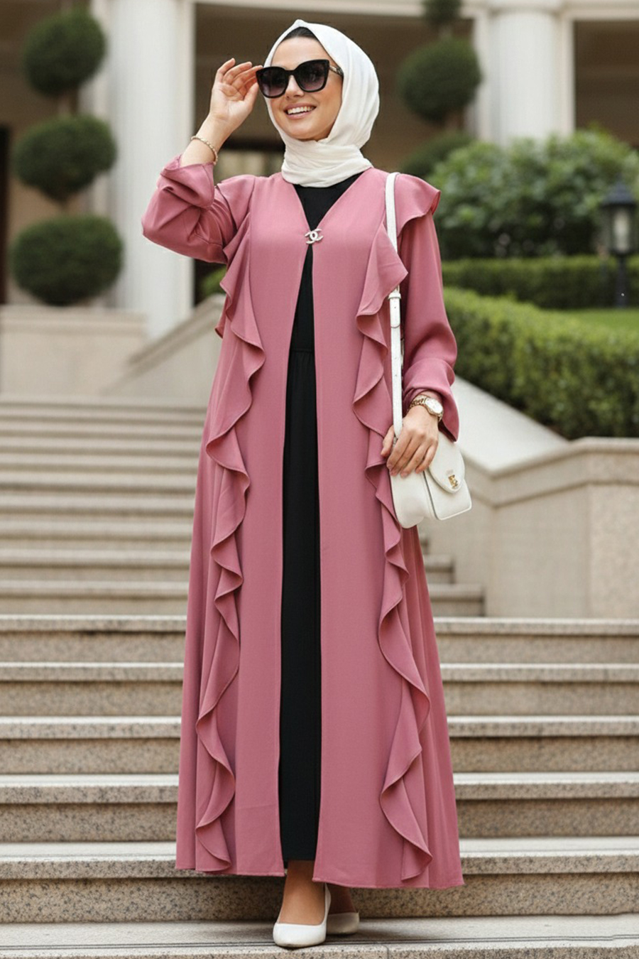  Fırfır Detaylı Gül Kurusu Tesettür Abaya 15402GK