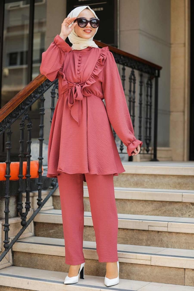 Neva Style - Fırfır Detaylı Gül Kurusu Tesettür İkili Takım 1217GK - 1