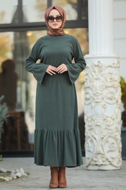 Neva Style - Fırfır Detaylı Haki Tesettür Elbise 12016HK - Thumbnail