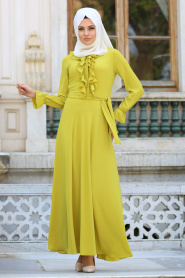 Neva Style - Fırfır Detaylı Hardal Tesettür Elbise 41430HR - Thumbnail