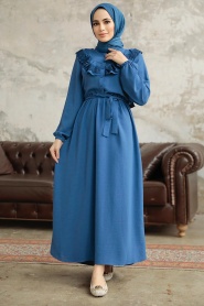 Neva Style - Fırfır Detaylı İndigo Mavisi Tesettür Elbise 616IM - Thumbnail