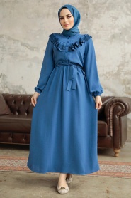 Neva Style - Fırfır Detaylı İndigo Mavisi Tesettür Elbise 616IM - Thumbnail