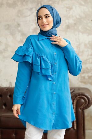 Neva Style - Fırfır Detaylı İndigo Mavisi Tesettür Tunik 11191IM - NEVA STYLE