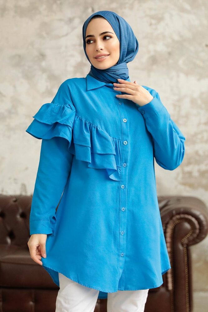 Neva Style - Fırfır Detaylı İndigo Mavisi Tesettür Tunik 11191IM - NEVA STYLE