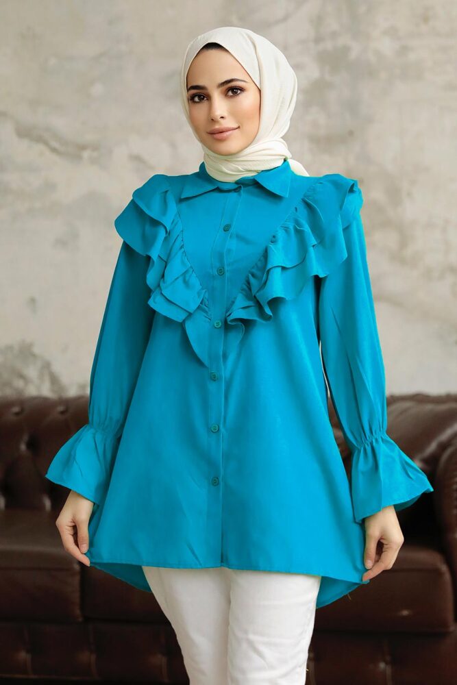 Neva Style - Fırfır Detaylı İndigo Mavisi Tesettür Tunik 1139IM - NEVA STYLE