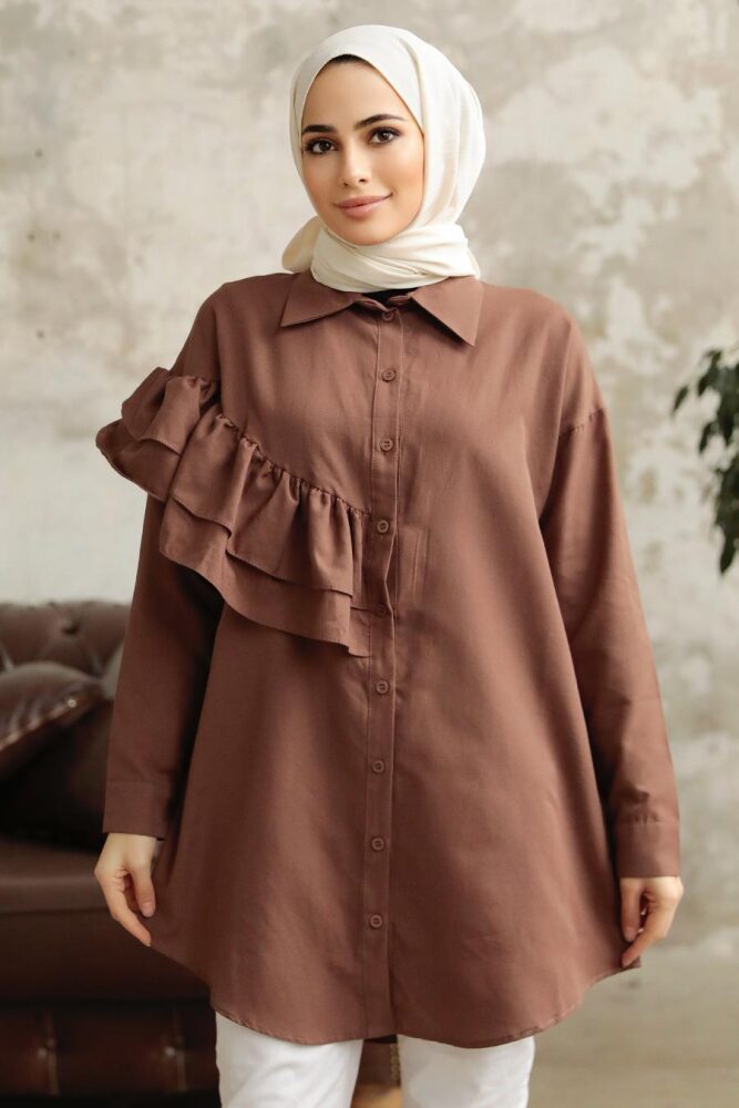 Neva Style - Fırfır Detaylı Kahverengi Tesettür Tunik 11191KH - 1