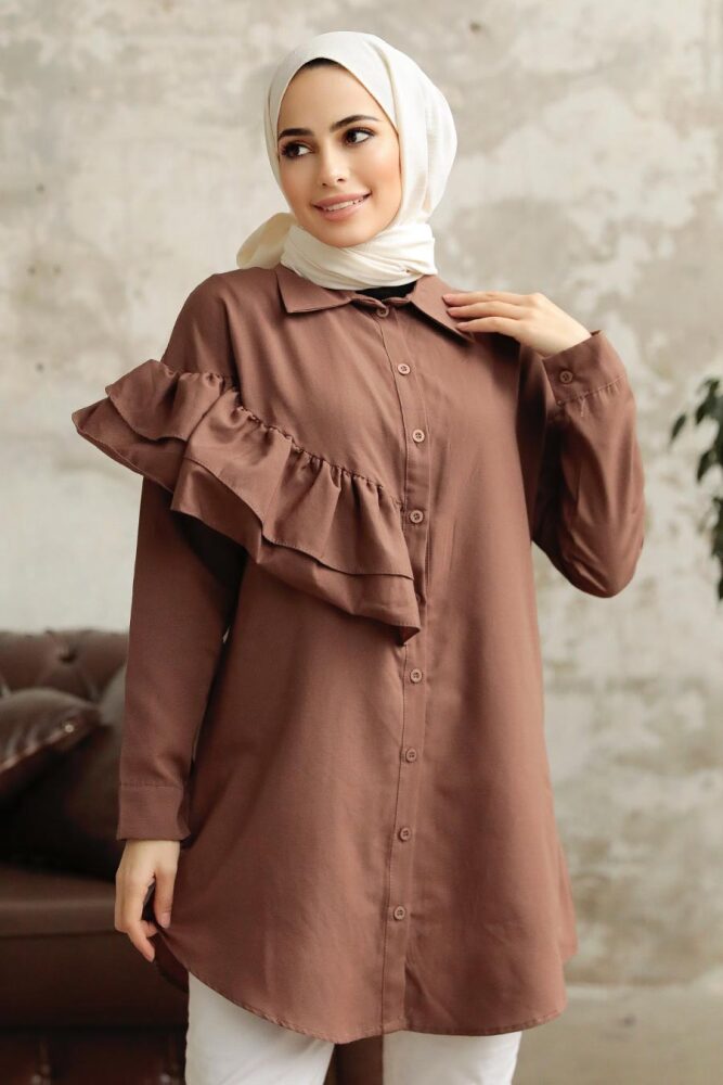 Neva Style - Fırfır Detaylı Kahverengi Tesettür Tunik 11191KH - 2