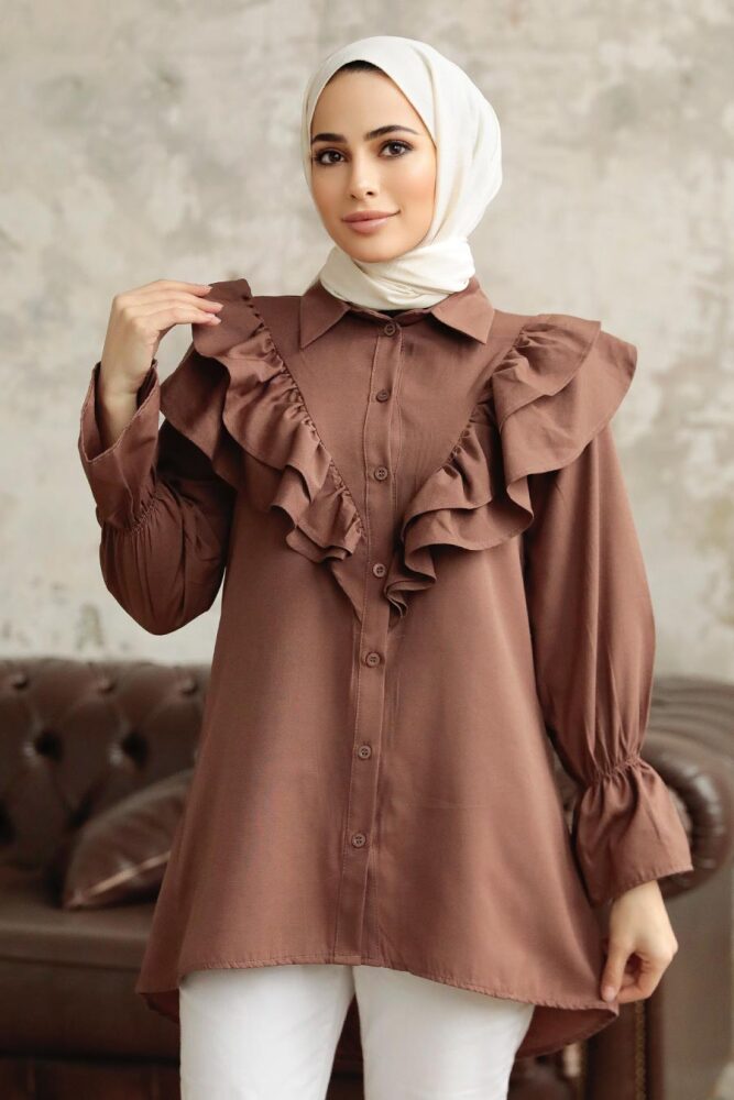 Neva Style - Fırfır Detaylı Kahverengi Tesettür Tunik 1139KH - 2