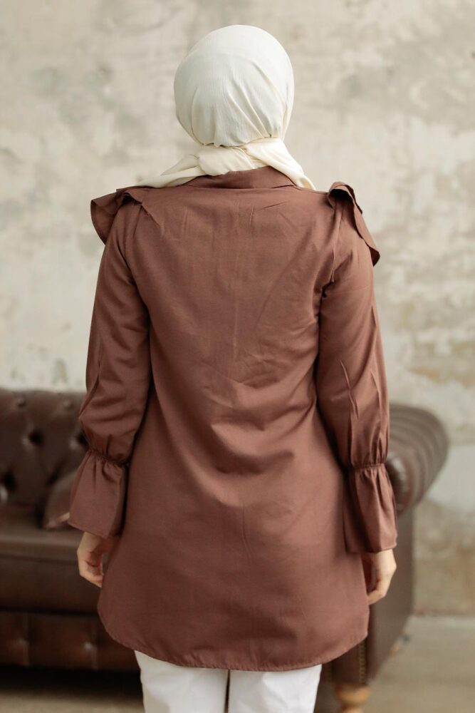 Neva Style - Fırfır Detaylı Kahverengi Tesettür Tunik 1139KH - 3