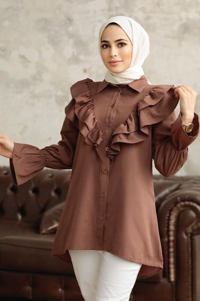 Neva Style - Fırfır Detaylı Kahverengi Tesettür Tunik 1139KH - NEVA STYLE