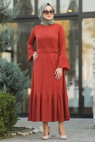 Neva Style - Fırfır Detaylı Kiremit Tesettür Elbise 12016KRMT - Thumbnail