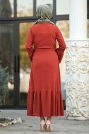 Neva Style - Fırfır Detaylı Kiremit Tesettür Elbise 12016KRMT - Thumbnail