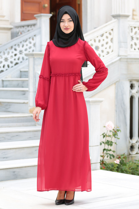 Neva Style - Fırfır Detaylı Kırmızı Tesettür Elbise 41530K