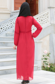 Neva Style - Fırfır Detaylı Kırmızı Tesettür Elbise 41530K - Thumbnail