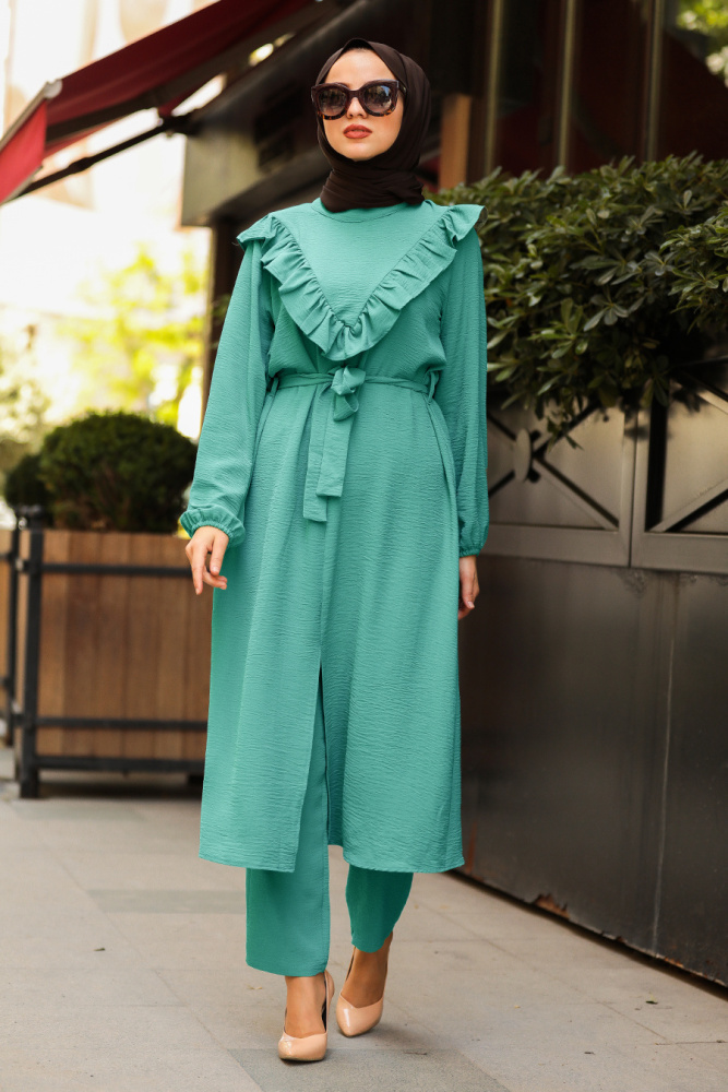 Neva Style - Fırfır Detaylı Koyu Mint Tesettür İkili Takım 1004KMINT - 1