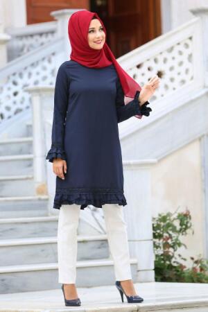 Neva Style - Fırfır Detaylı Lacivert Tesettür Tunik 52300L - 1