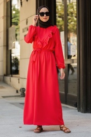 Neva Style - Fırfır Detaylı Nar Çiçeği Tesettür Elbise 2742NC - Thumbnail