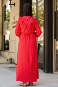 Neva Style - Fırfır Detaylı Nar Çiçeği Tesettür Elbise 2742NC - Thumbnail