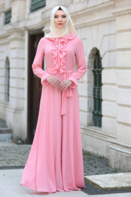 Neva Style - Fırfır Detaylı Pembe Tesettür Elbise 41430P - Thumbnail