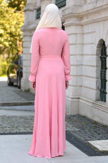 Neva Style - Fırfır Detaylı Pembe Tesettür Elbise 41430P - 2