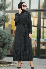 Neva Style - Fırfır Detaylı Siyah Tesettür Elbise 10566S - Thumbnail