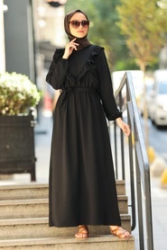 Neva Style - Fırfır Detaylı Siyah Tesettür Elbise 2742S - Thumbnail