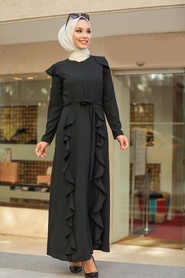 Neva Style - Fırfır Detaylı Siyah Tesettür Elbise 3331S - Thumbnail