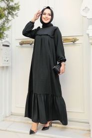 Neva Style - Fırfır Detaylı Siyah Tesettür Elbise 7681S - Thumbnail