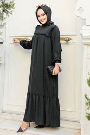 Neva Style - Fırfır Detaylı Siyah Tesettür Elbise 7681S - Thumbnail