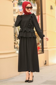 Neva Style - Fırfır Detaylı Siyah Tesettür İkili Takım 10051S - Thumbnail
