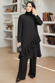 Neva Style - Fırfır Detaylı Siyah Tesettür İkili Takım 13101S - Thumbnail