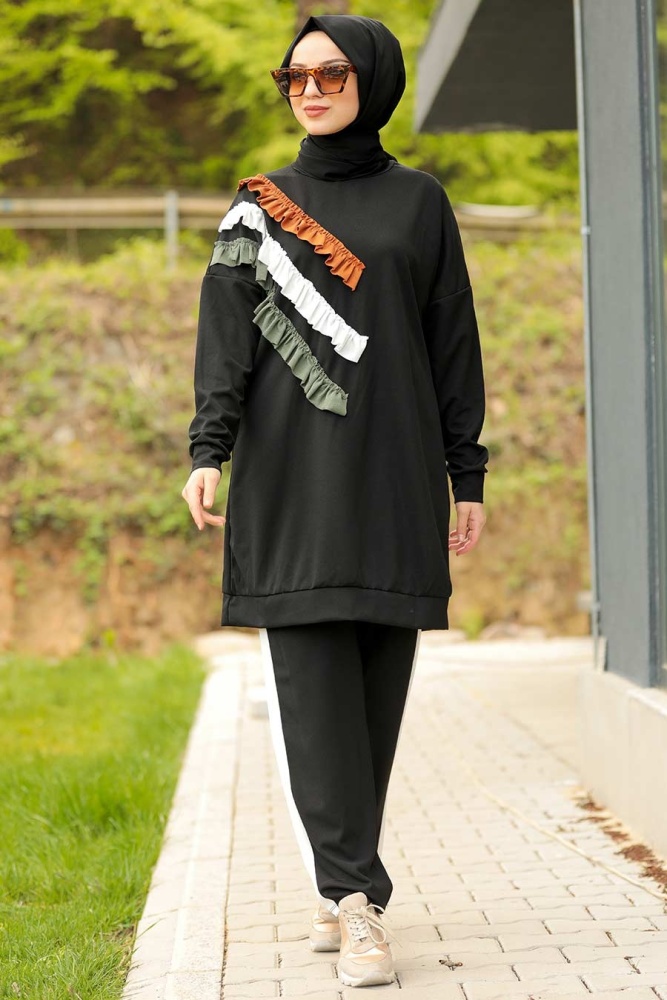 Neva Style - Fırfır Detaylı Siyah Tesettür Takım 6104S - 1