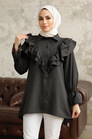  Fırfır Detaylı Siyah Tesettür Tunik 1139S - NEVA STYLE