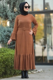 Neva Style - Fırfır Detaylı Taba Tesettür Elbise 12016TB - Thumbnail