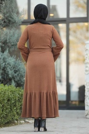 Neva Style - Fırfır Detaylı Taba Tesettür Elbise 12016TB - Thumbnail