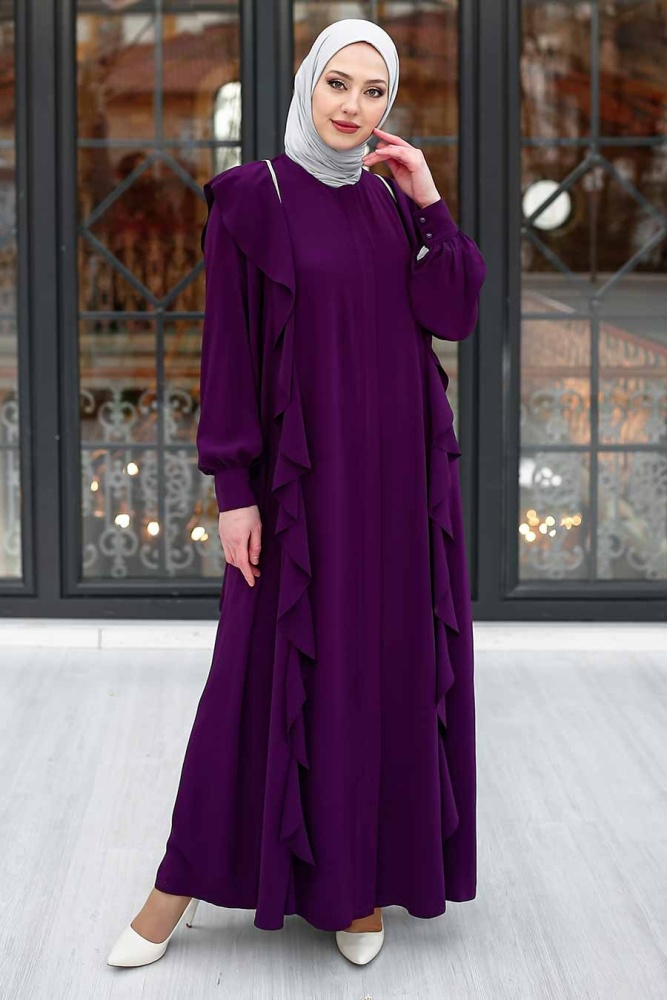 Neva Style - Fırfır Detaylı Tesettür Ferace 349700MOR - 1