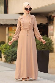Neva Style - Fırfır Detaylı Vizon Tesettür Elbise 33360V - Thumbnail