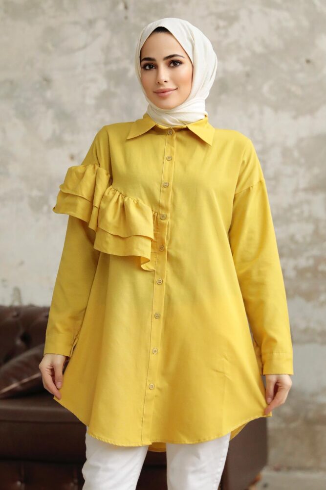 Neva Style - Fırfır Detaylı Yağ Yeşili Tesettür Tunik 11191YY - NEVA STYLE
