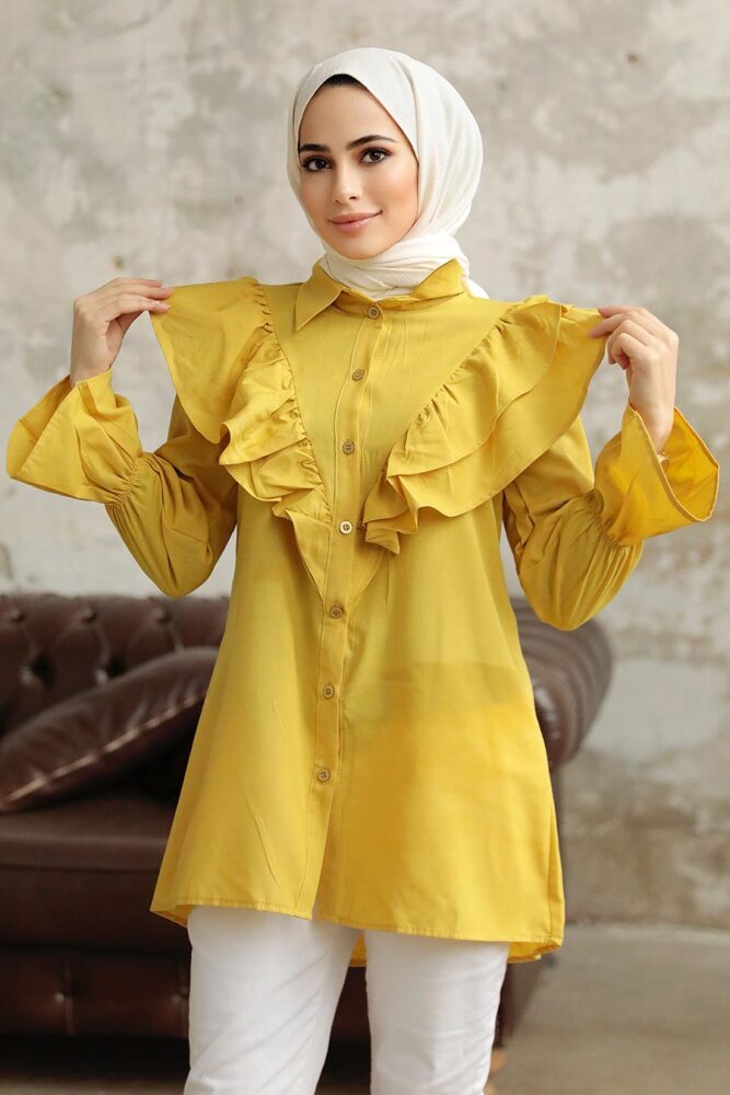 Neva Style - Fırfır Detaylı Yağ Yeşili Tesettür Tunik 1139YY - 1