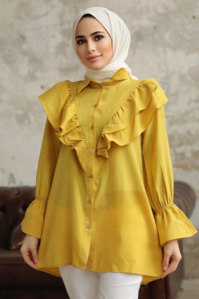 Neva Style - Fırfır Detaylı Yağ Yeşili Tesettür Tunik 1139YY - 2