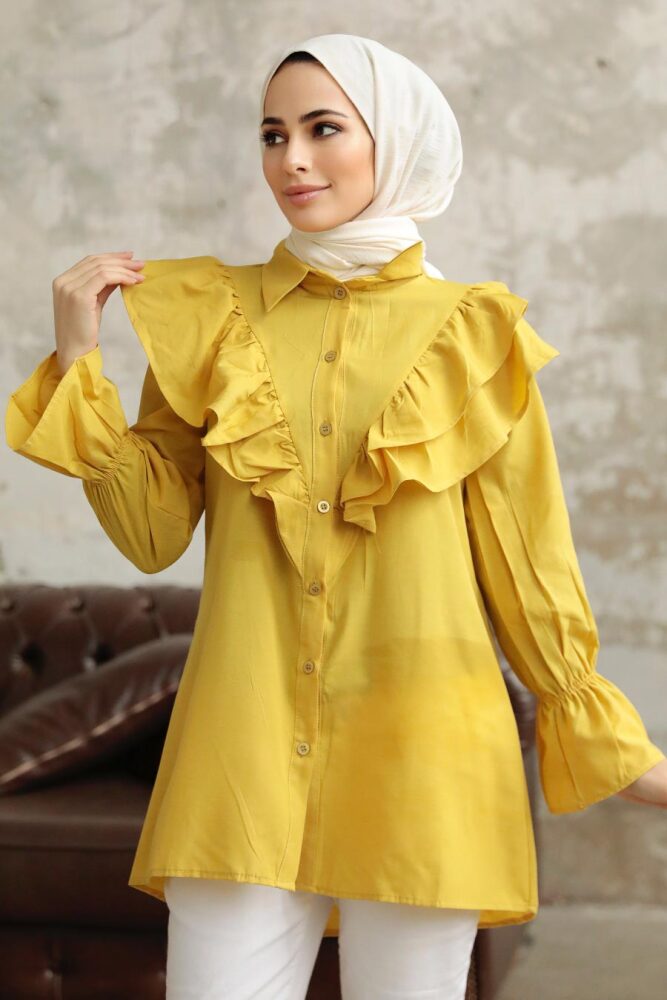 Neva Style - Fırfır Detaylı Yağ Yeşili Tesettür Tunik 1139YY - 3