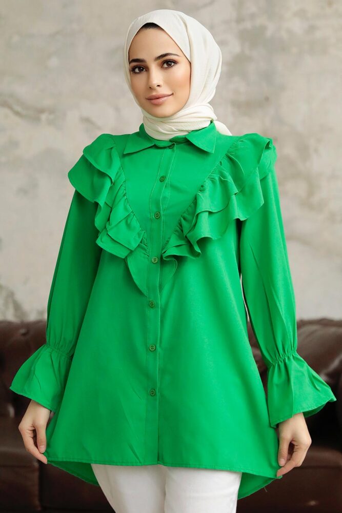 Neva Style - Fırfır Detaylı Yeşil Tesettür Tunik 1139Y - 1