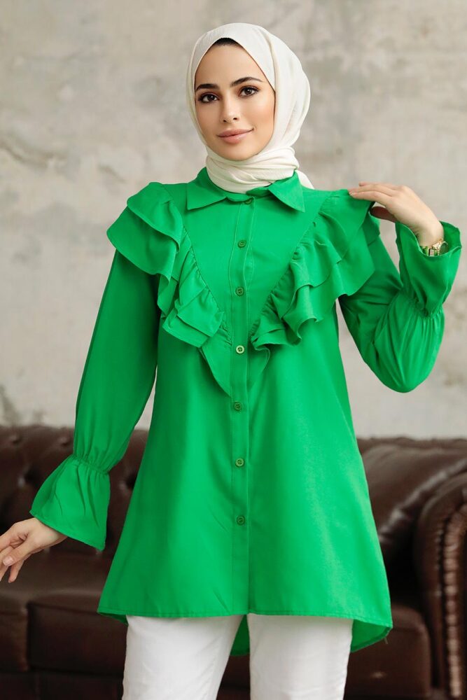 Neva Style - Fırfır Detaylı Yeşil Tesettür Tunik 1139Y - 2