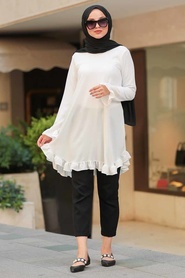 Neva Style - Fırfırlı Beyaz Tesettür Tunik 10130B - Thumbnail
