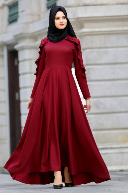 Neva Style - Fırfırlı Bordo Tesettür Elbise 41820BR