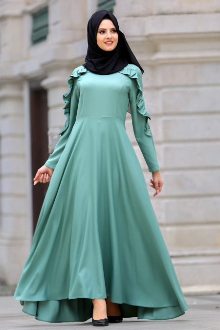 Neva Style - Fırfırlı Çağla Yeşili Tesettür Elbise 41820CY