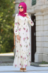 Neva Style - Fırfırlı Çiçek Desenli Bej Tesettür Elbise 7786BEJ - Thumbnail