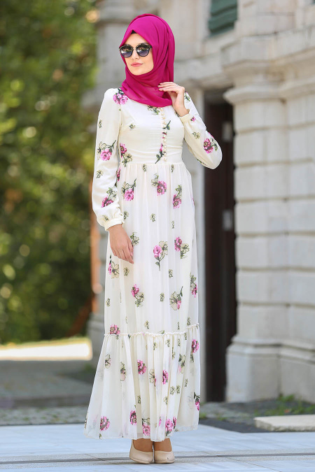 Neva Style - Fırfırlı Çiçek Desenli Bej Tesettür Elbise 7786BEJ